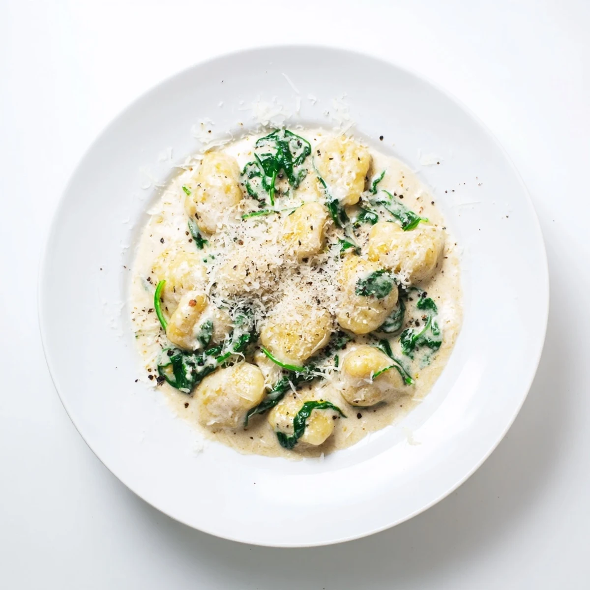 A close-up of Creamy Garlic Gnocchi, highlighting the rich sauce clinging to tender dumplings and wilted greens.  