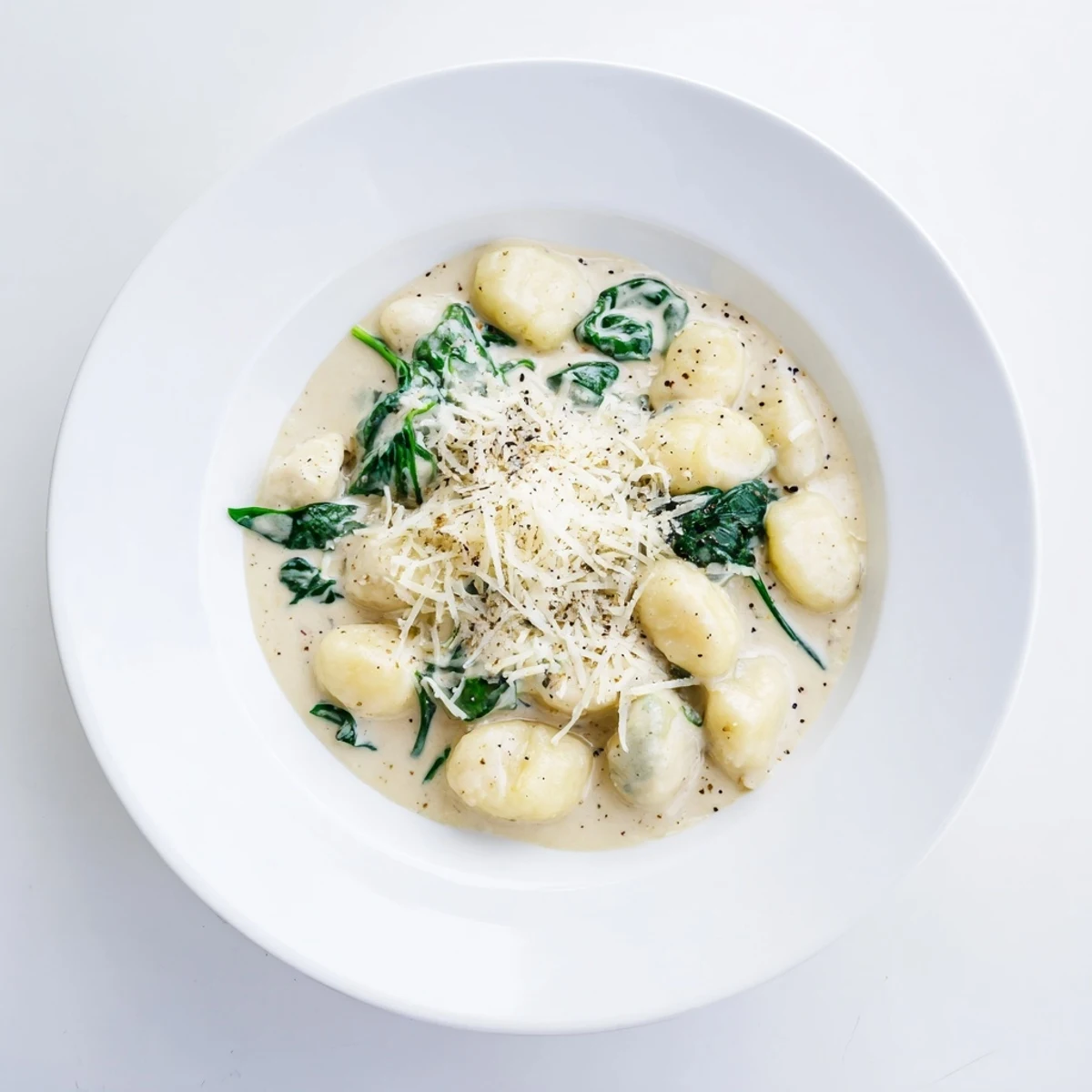Creamy Garlic Gnocchi served steaming in a white bowl, garnished with fresh spinach and grated Parmesan cheese.  
