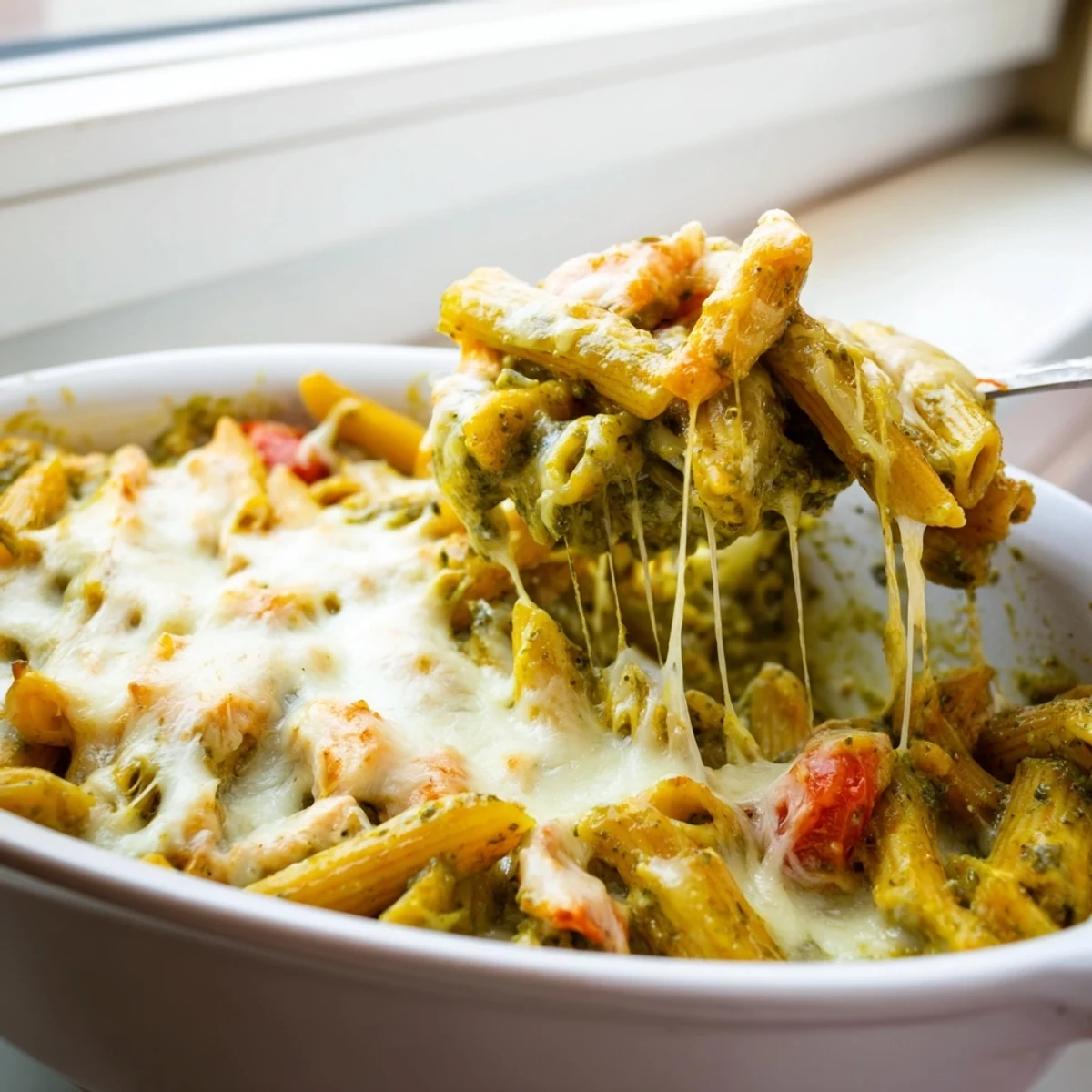 Sizzling skillet of Pesto Chicken Pasta Bake before baking, showing golden chicken pieces and rich tomato-pesto sauce in a ceramic dish.