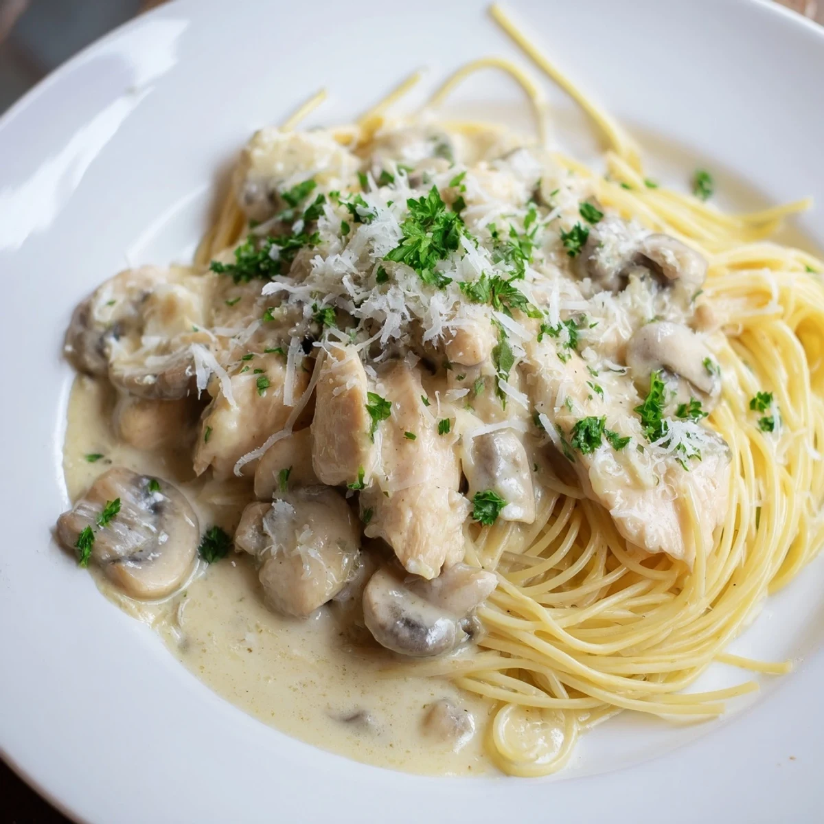 A close-up of Creamy Mushroom Chicken Spaghettini showcasing silky mushroom sauce clinging to pasta and golden chicken strips.