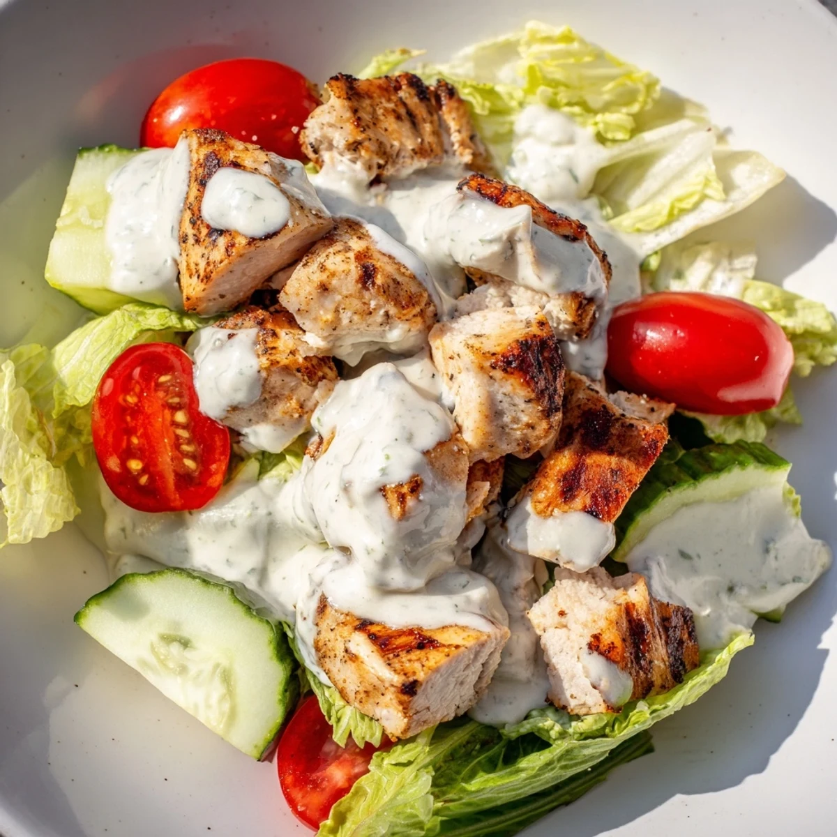 Zesty Jalapeño Ranch Chicken Salad served on a plate, highlighting the green herbs, red tomatoes, and shredded cheddar cheese.