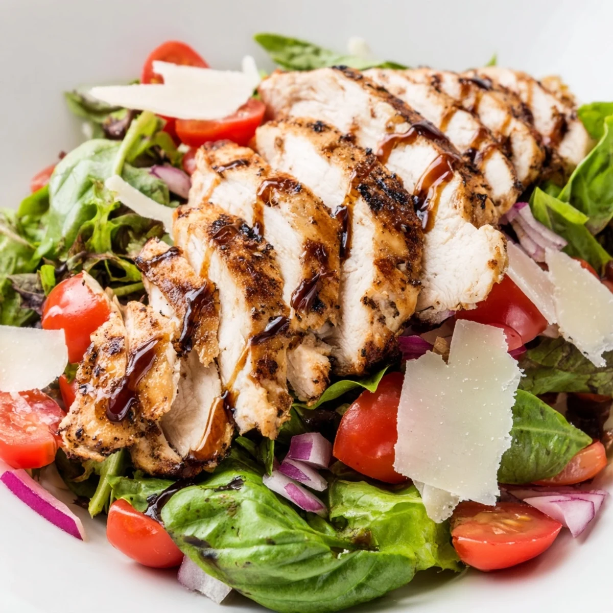 Juicy grilled chicken slices topped with vibrant tomato-basil bruschetta and fresh mixed greens on a platter.