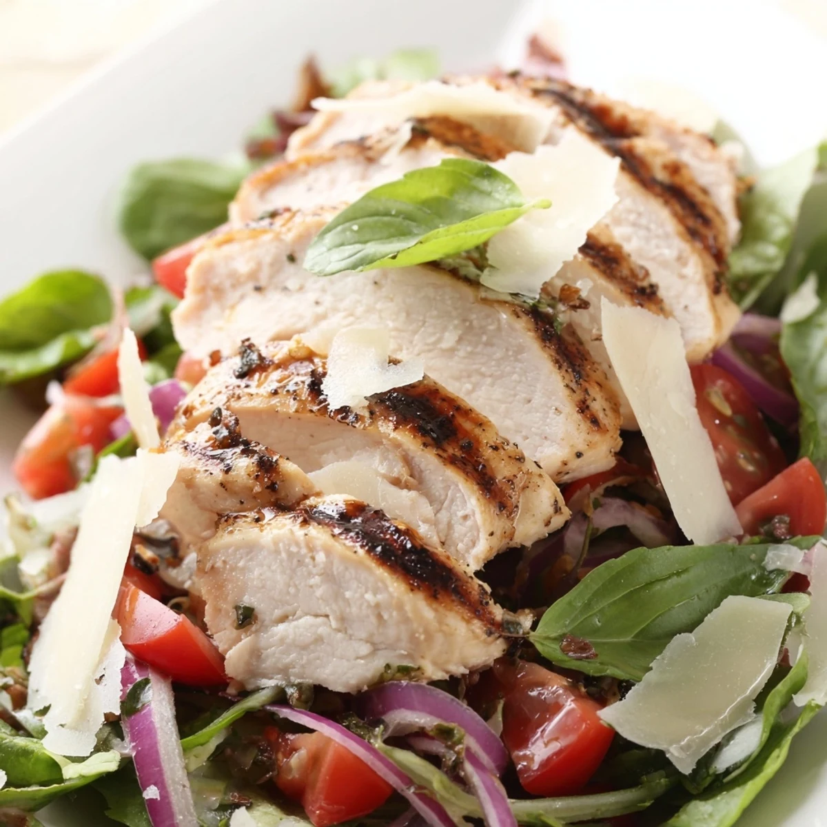 Freshly prepared Bruschetta Chicken Salad with balsamic-dressed tomatoes, herbs, and tender chicken over crisp salad greens.