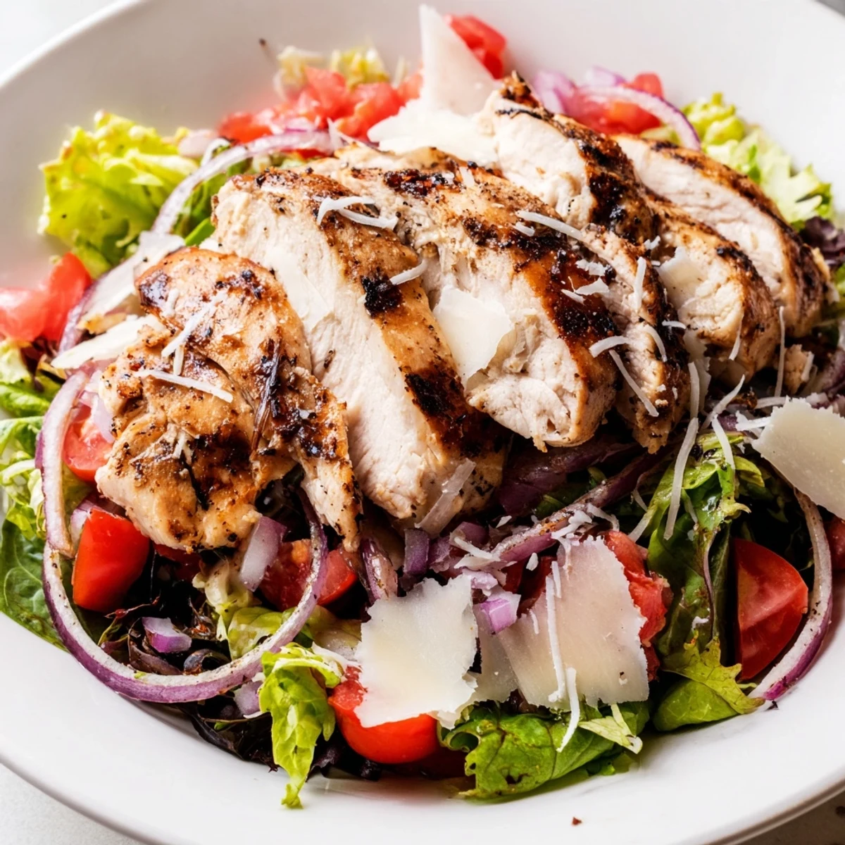 Savory Bruschetta Chicken Salad served with lemon wedges and shaved Parmesan for a light Italian-American dinner.