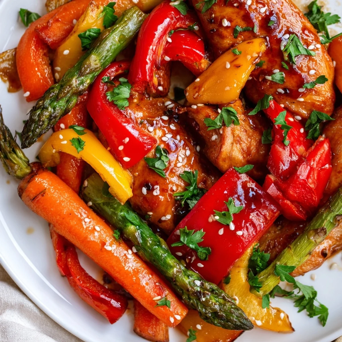 Golden chicken pieces and vibrant spring vegetables glisten with a honey garlic sauce on a sheet pan, ready to serve.
