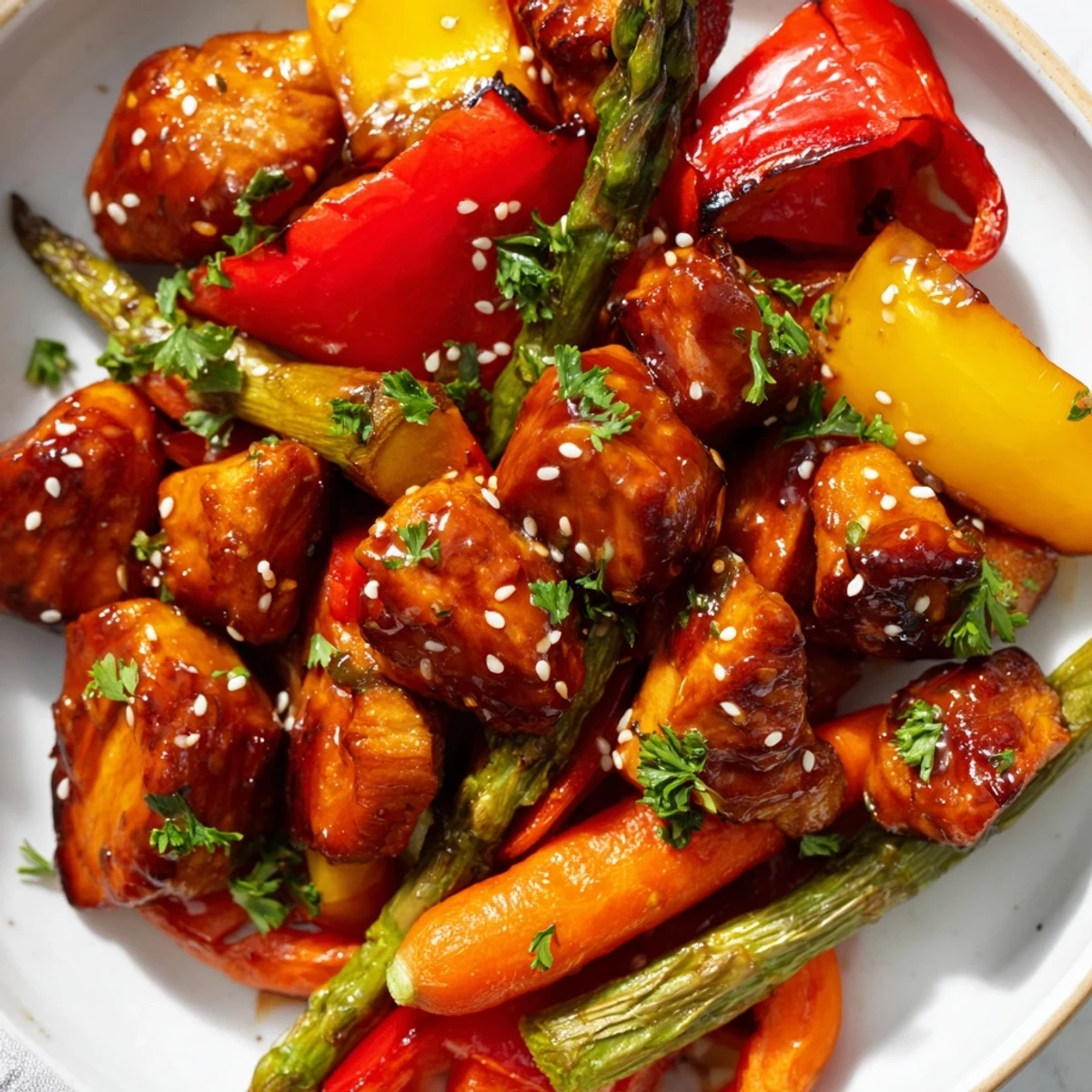 A rustic sheet pan meal featuring tender chicken and crisp asparagus, garnished with fresh parsley and toasted sesame seeds.