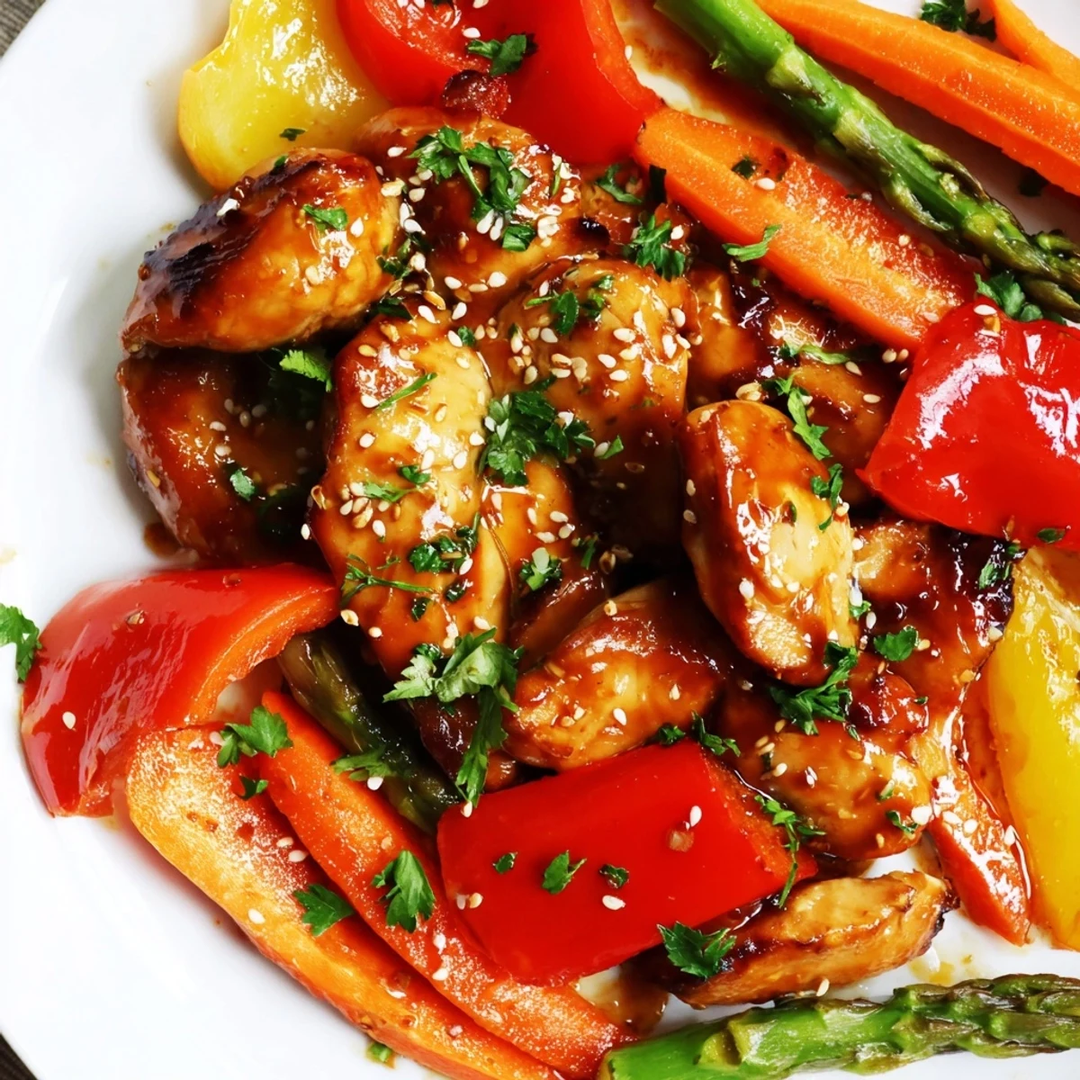A close-up view of roasted chicken and colorful peppers, snap peas, and carrots coated in a savory honey garlic glaze.