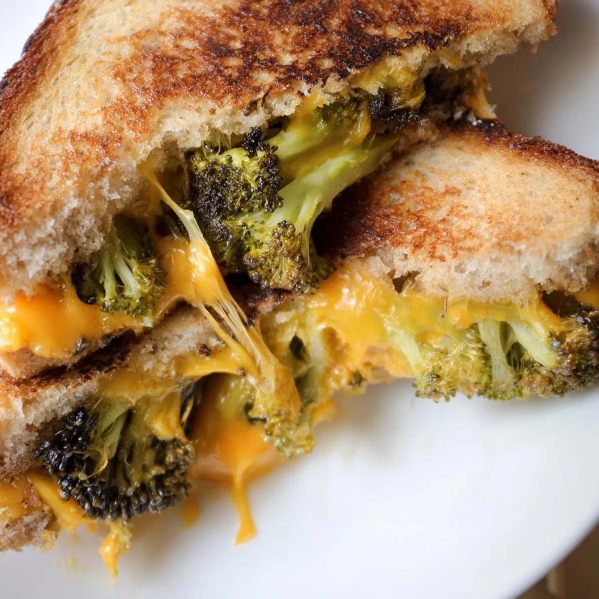 Golden-brown sourdough slices oozing sharp cheddar and tender roasted broccoli florets, ready to serve as a comforting vegetarian meal.  