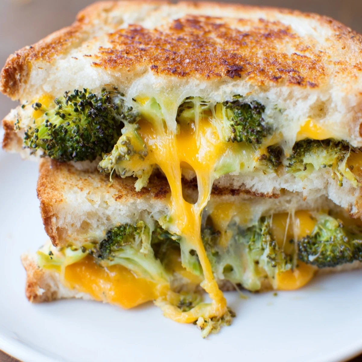 Roasted broccoli and cheddar grilled cheese on buttery toasted bread, melting cheese pulling apart for a delicious dinner sandwich close-up.  