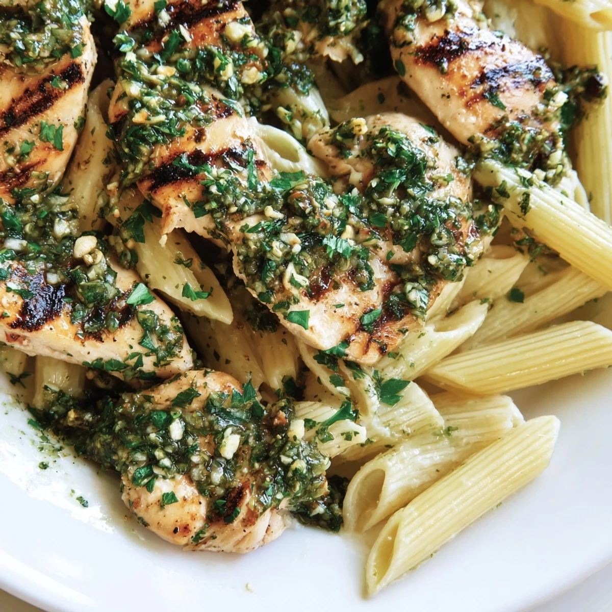 Savory Chimichurri Chicken Pasta served on a white plate, featuring juicy chicken and vibrant herby drizzle.