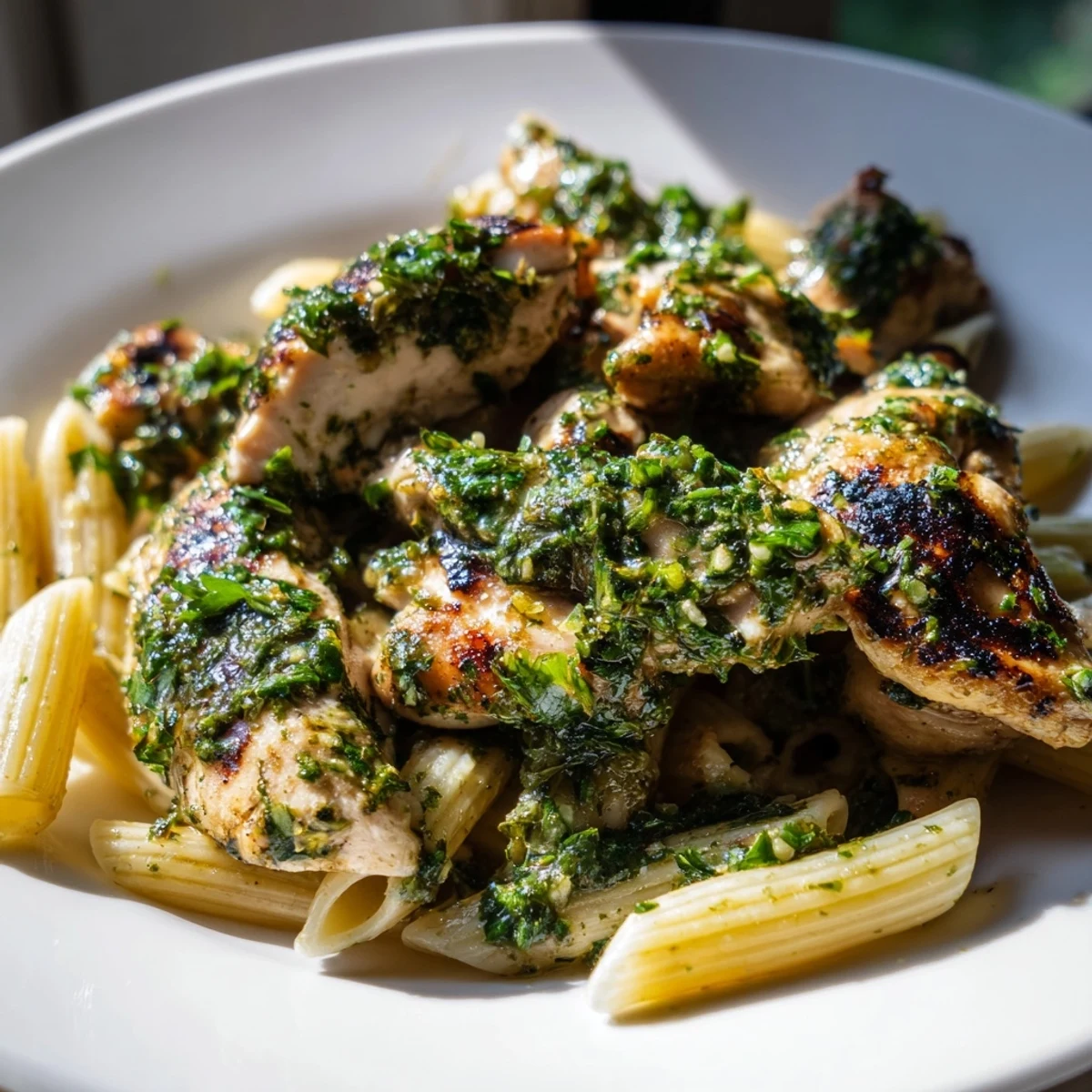 Grilled chicken slices rest atop penne pasta, drenched in bright green chimichurri sauce and garnished with parsley.