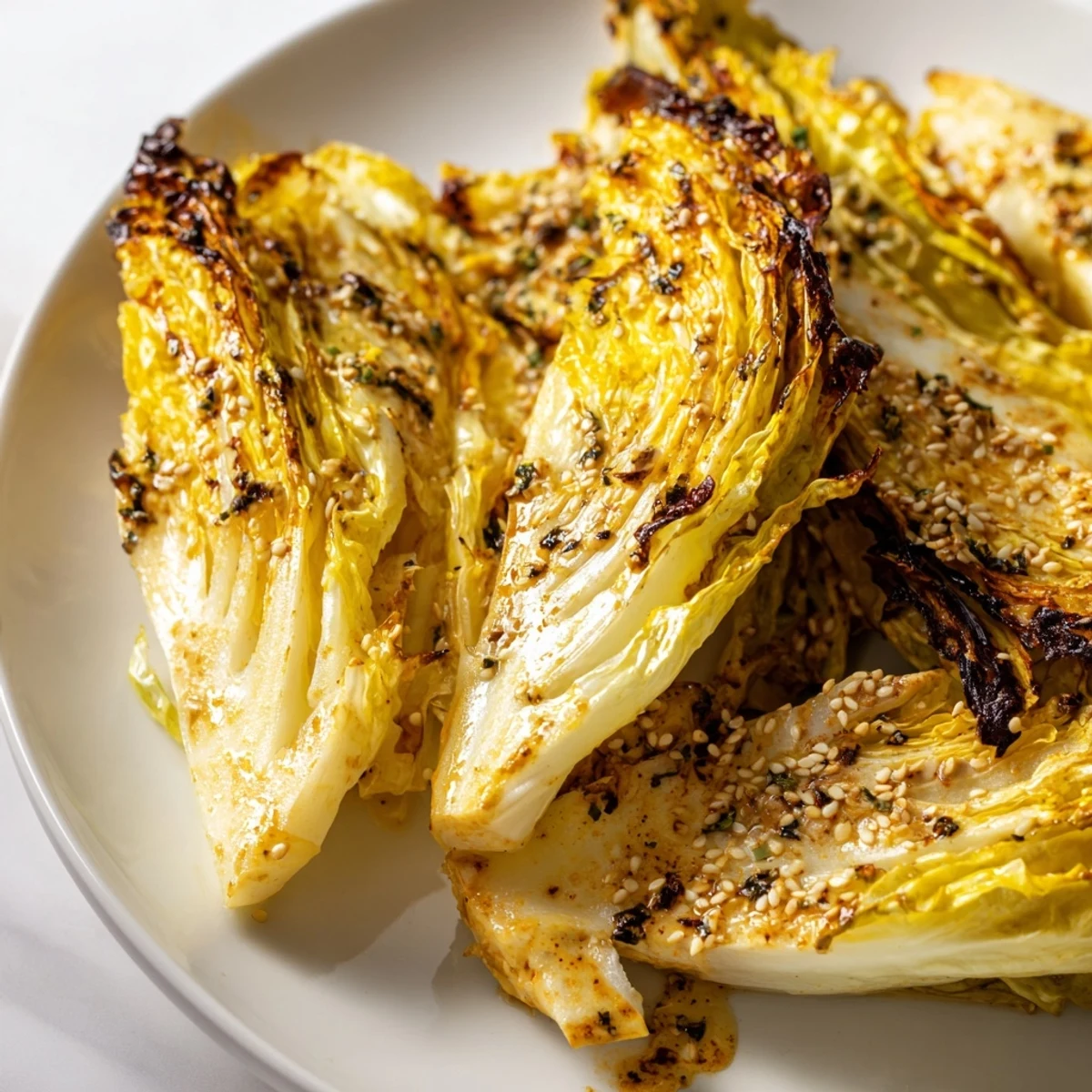 Tender roasted cabbage wedges served warm with a drizzle of tahini sauce, fresh parsley, and a pinch of smoked paprika.