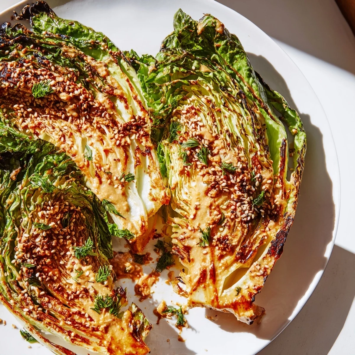 Freshly roasted cabbage wedges with crispy edges on a white plate, garnished with tahini sauce, herbs, and sesame seeds.