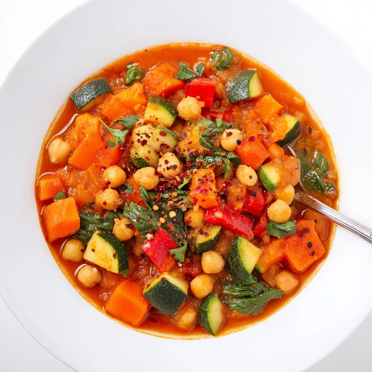 Close-up of vibrant Spicy Chickpea Stew featuring tender chickpeas and colorful vegetables in a rich tomato broth.