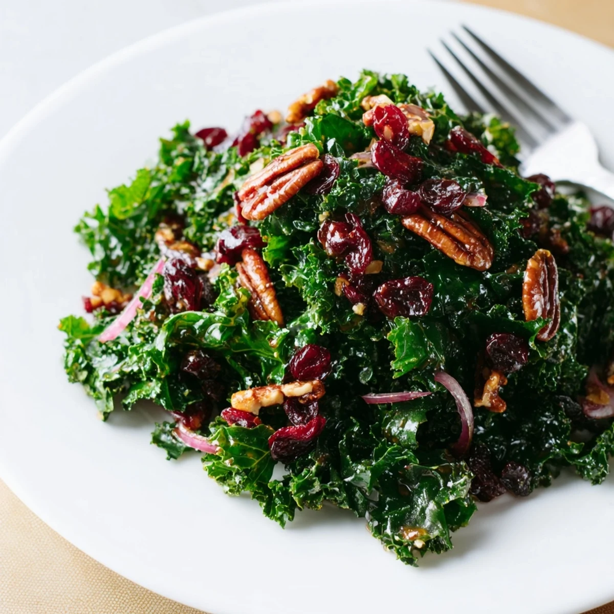Freshly massaged kale leaves coated in a warm, glossy maple-mustard glaze, topped with crunchy toasted pecans and chewy dried cranberries.
