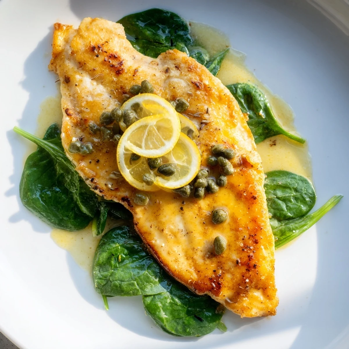 Golden pan-seared Spinach Lemon Butter Chicken cutlets resting on wilted greens, drizzled with a bright, silky lemon butter sauce.