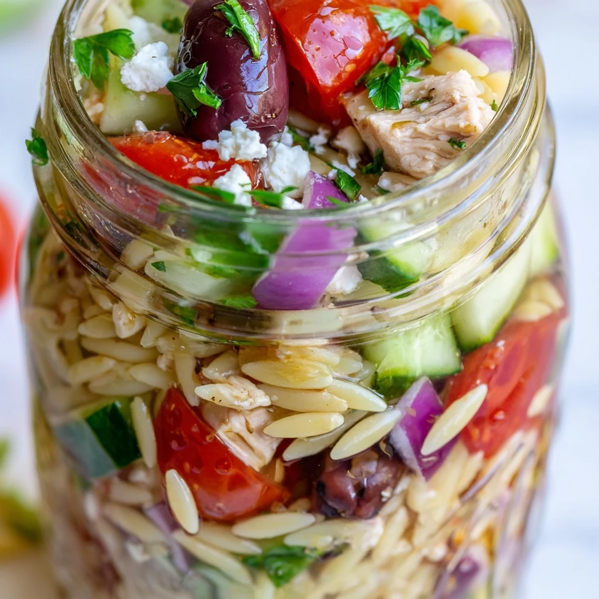 Vibrant Greek Pasta Chicken Salad Jars layered with orzo, juicy chicken, briny olives, and creamy feta cheese.