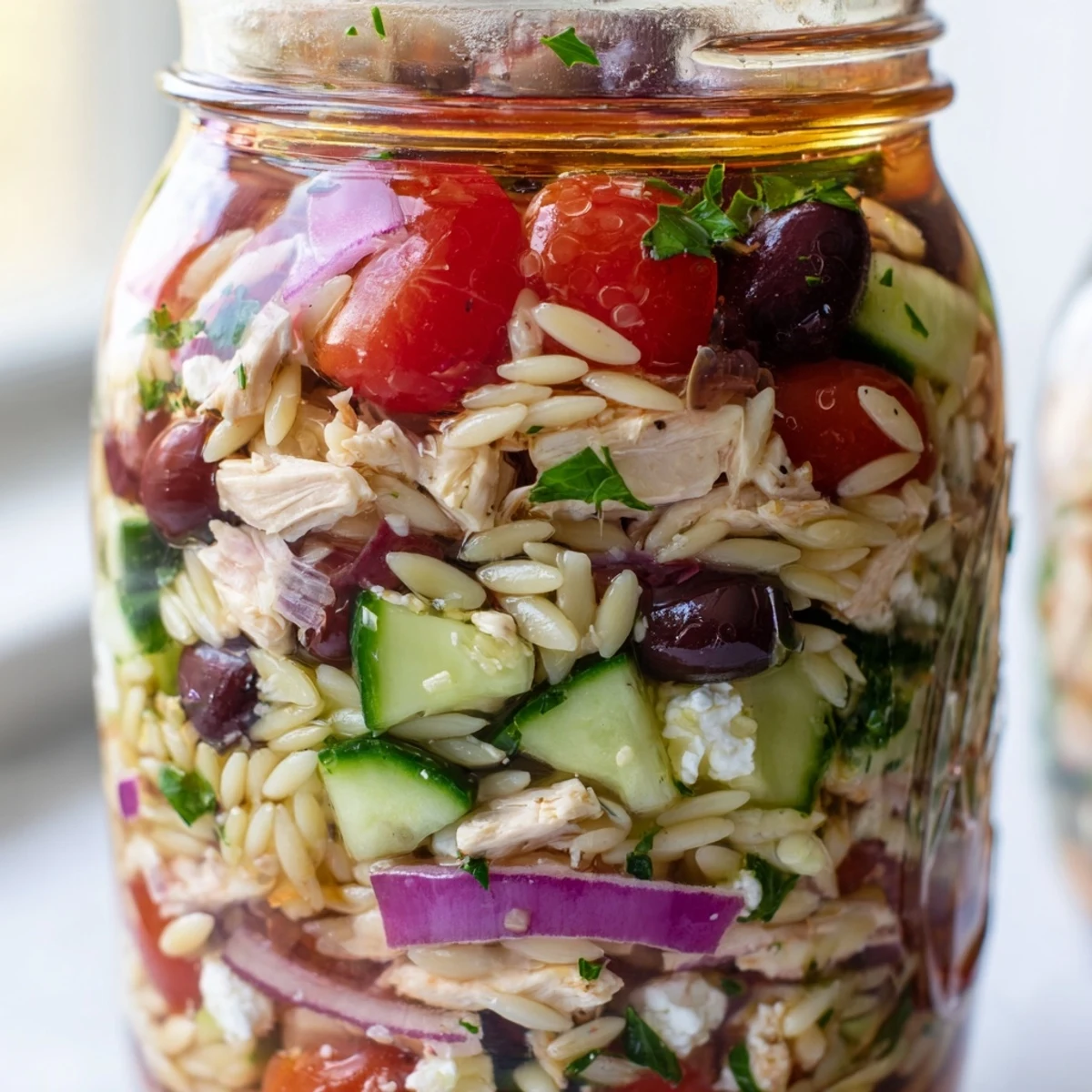 A single portable Greek Pasta Chicken Salad Jar ready for meal prep, showcasing layered ingredients for a grab-and-go lunch.