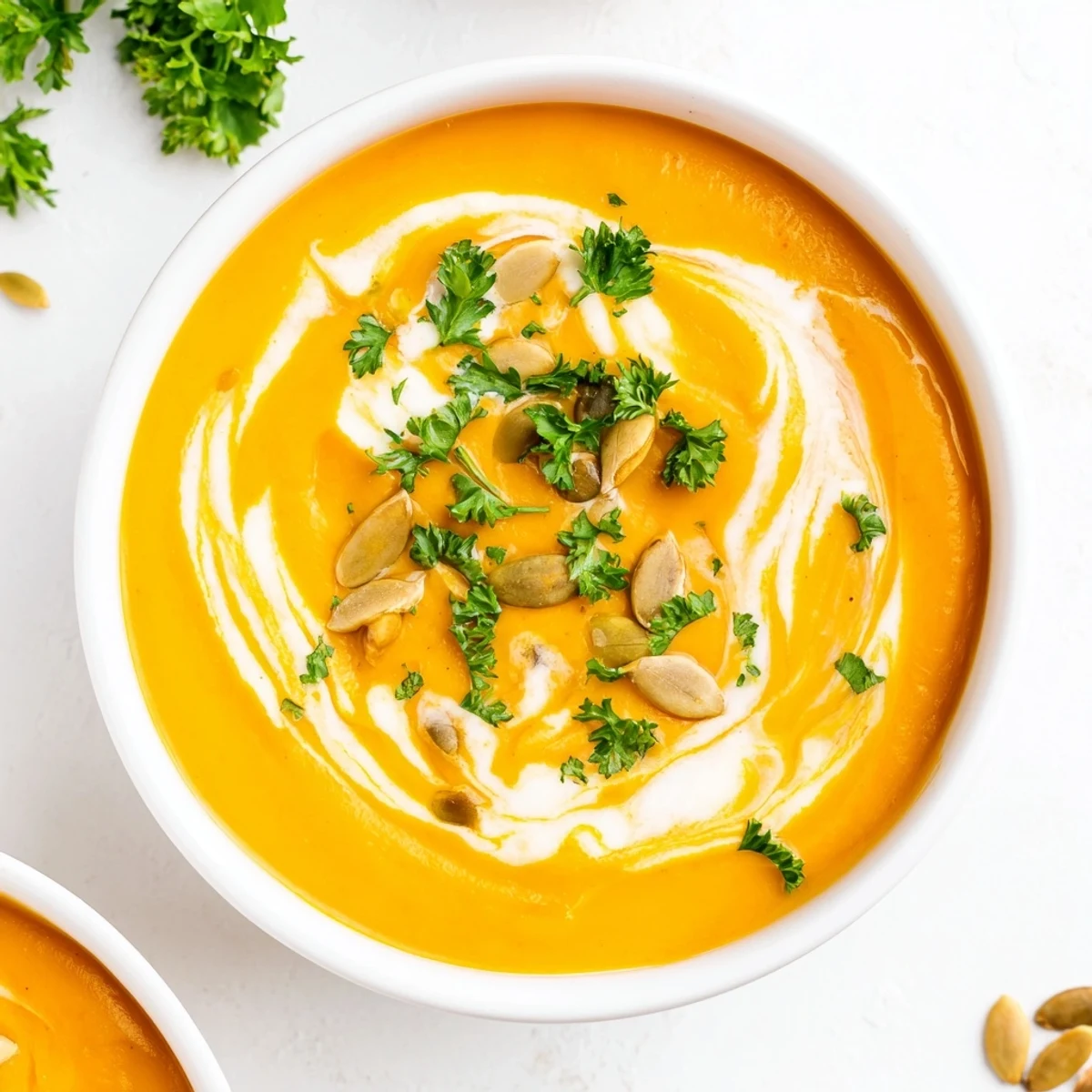 A comforting bowl of velvety butternut squash soup, garnished with toasted pumpkin seeds and a swirl of coconut milk.