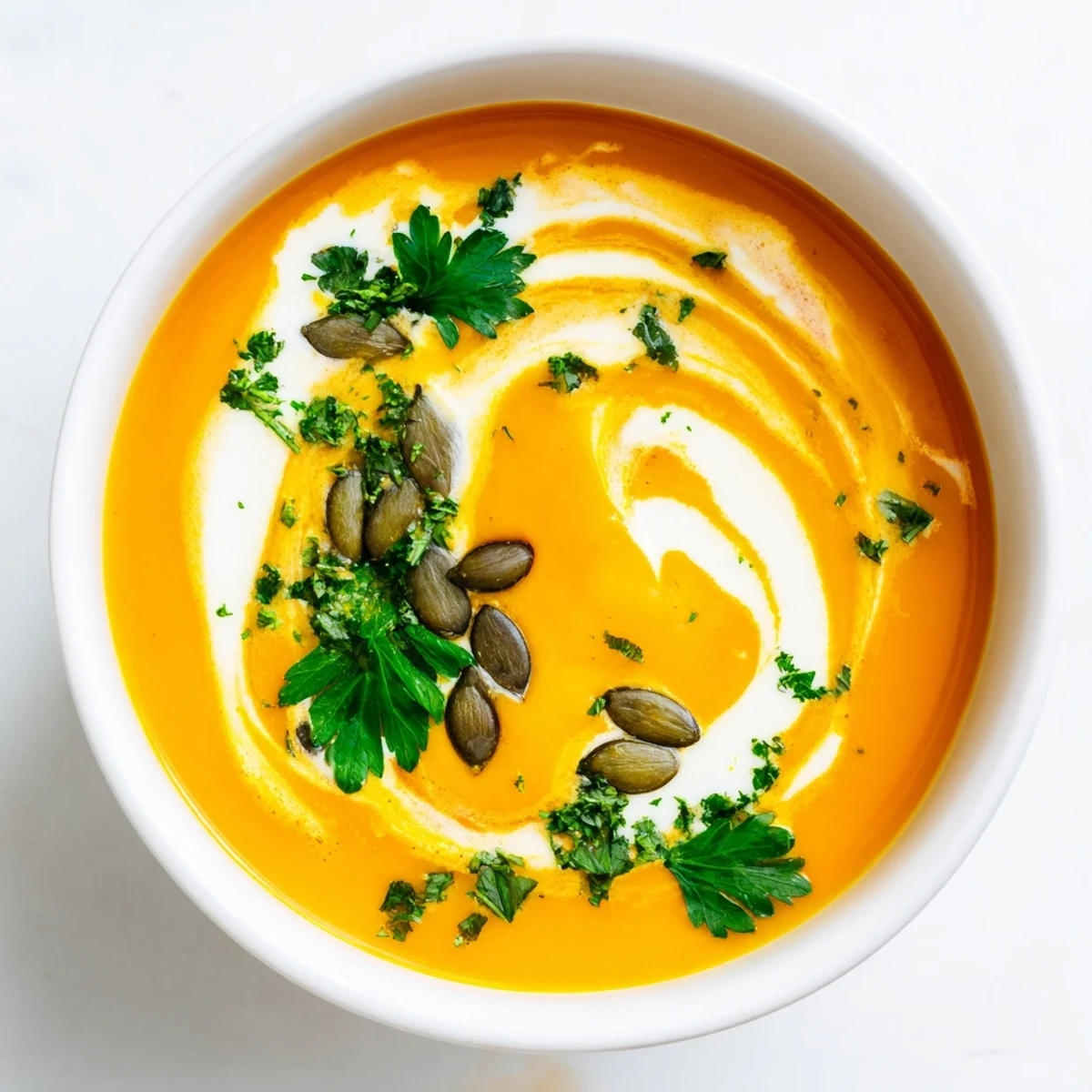Smooth, bright orange butternut squash soup steaming gently in a rustic ceramic bowl, ready for a winter meal.