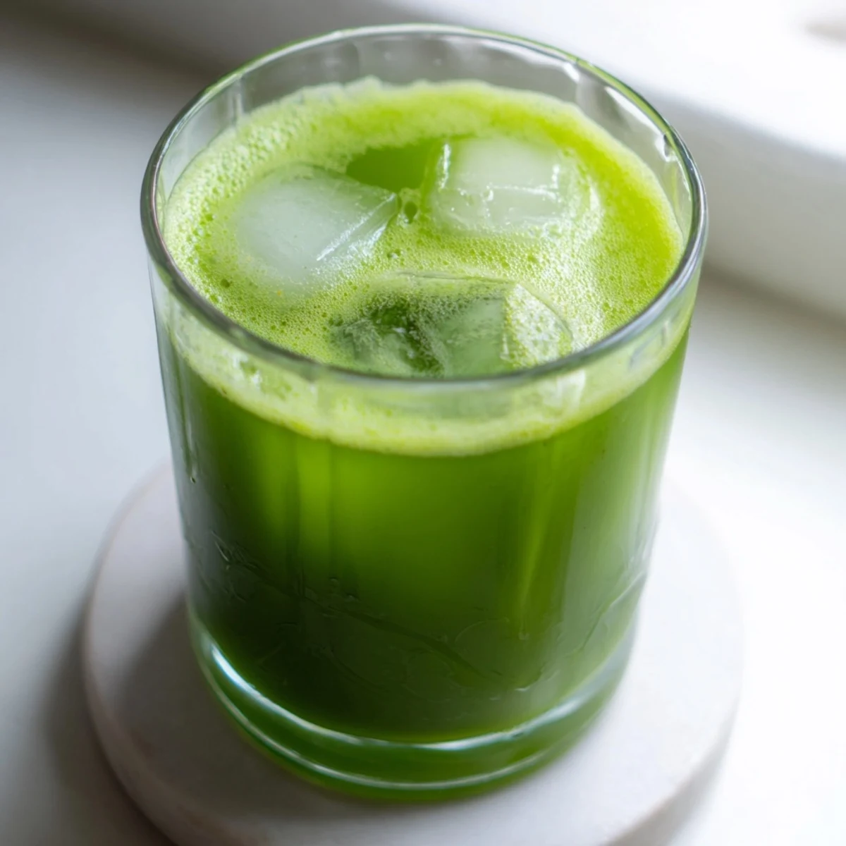 A tall glass of vibrant Cabbage and Kale Detox Juice, garnished with a fresh lemon wedge and glistening with chilled droplets.  