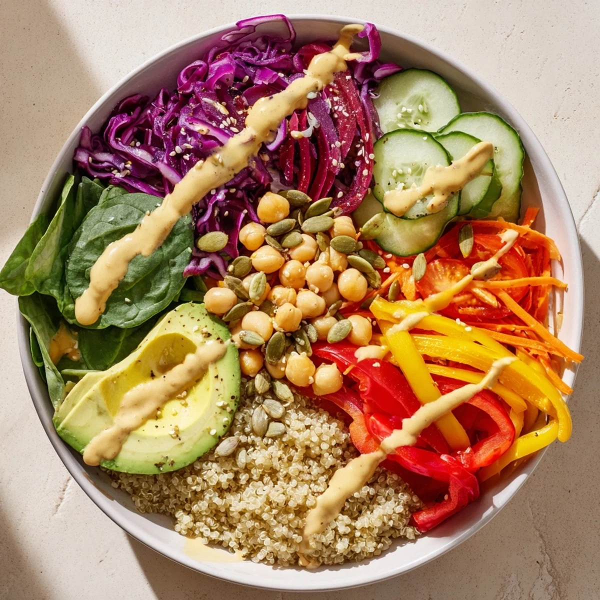 Healthy Rainbow Buddha Bowl with fluffy quinoa, fresh spinach, and zesty lemon tahini dressing.