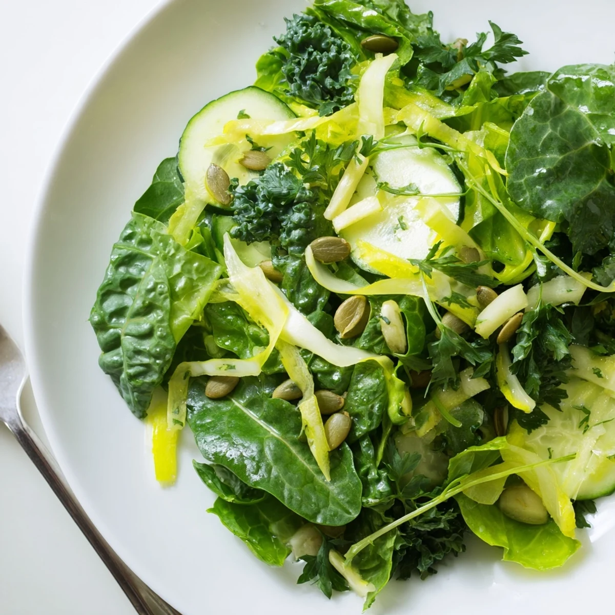 A close-up of Glowing Green Salad topped with seeds, fresh parsley, and juicy zucchini, served on a light background.