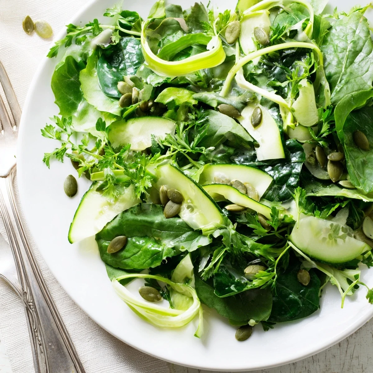 Healthy Glowing Green Salad for a quick vegan meal, featuring hydrating greens and vegetables glistening with a light dressing.