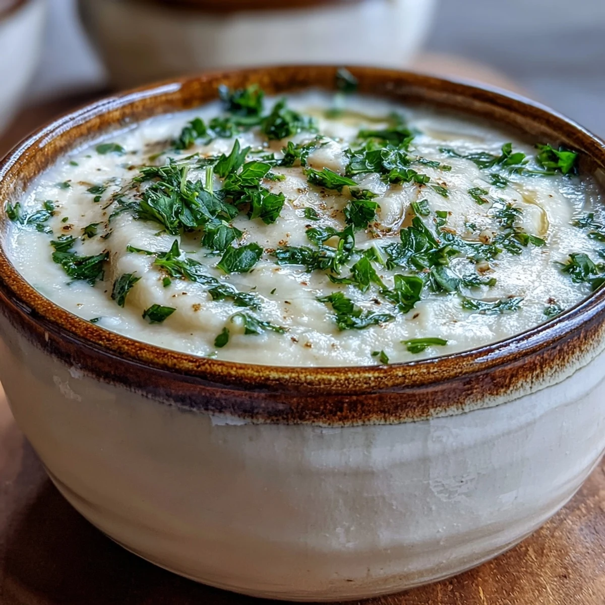 Creamy White Bean and Parmesan Soup in a rustic bowl, garnished with fresh parsley and extra grated cheese, ready to serve hot.