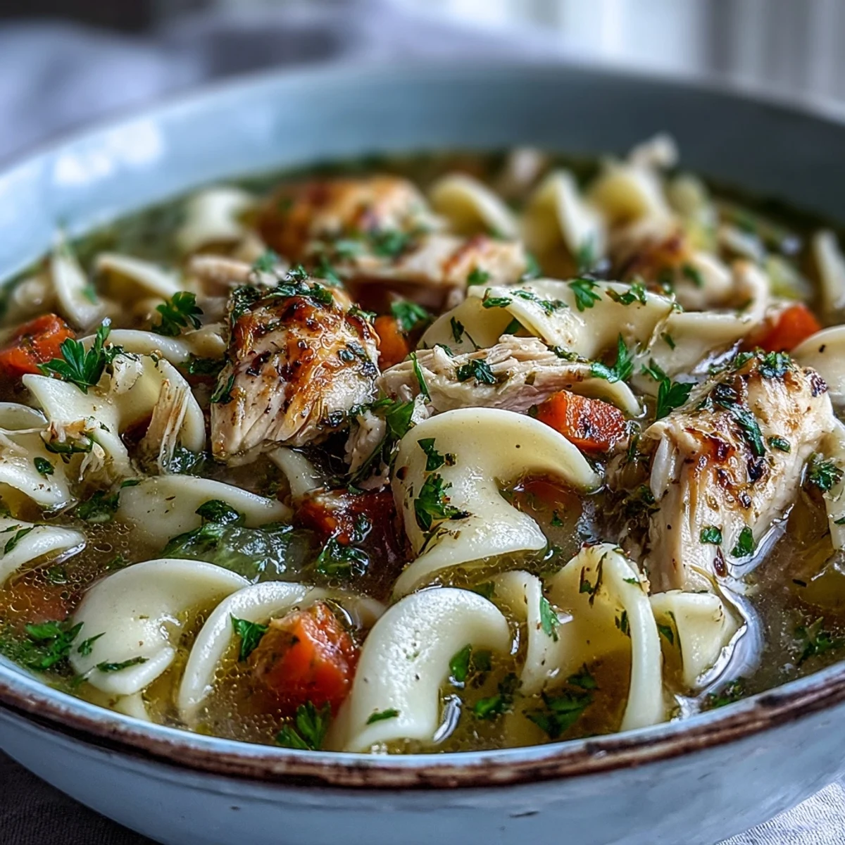 Hearty chicken and noodle soup simmers in a white bowl with tender shredded chicken, carrots, and fresh parsley garnish.