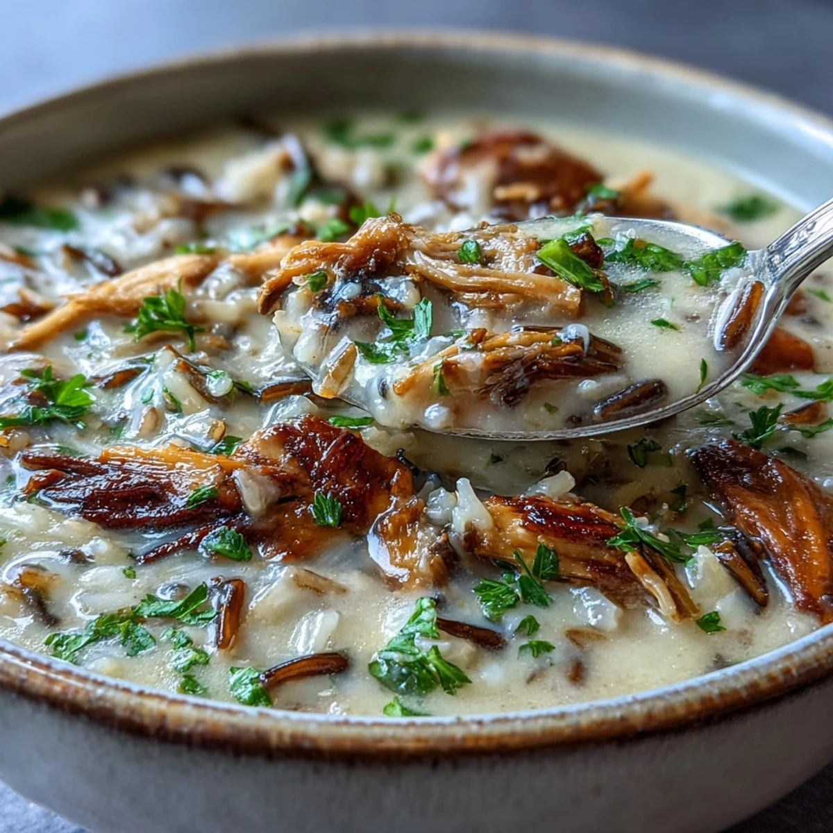 A ladle pours rich Parmesan Mushroom Chicken and Wild Rice Soup into a rustic bowl.