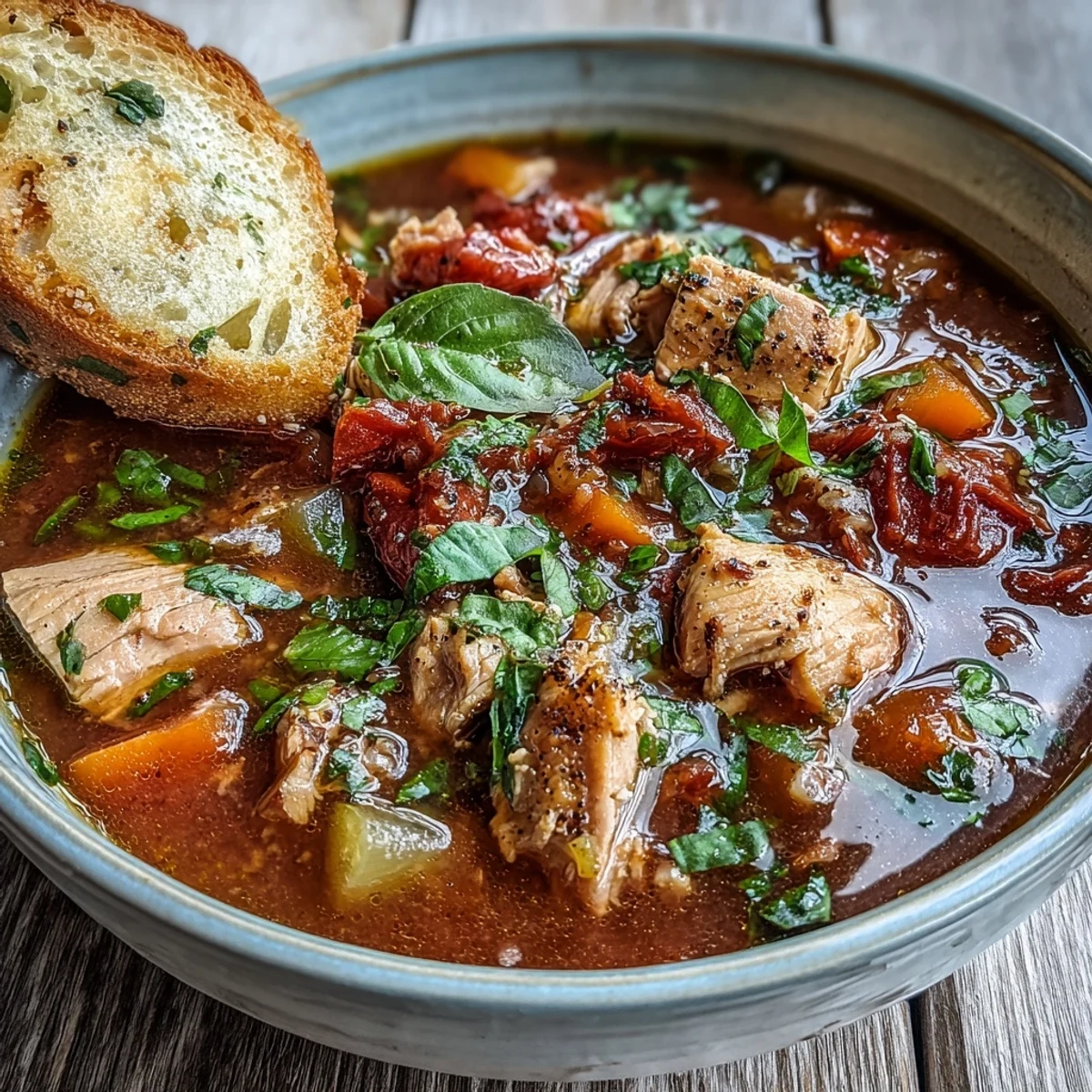A warm bowl of Tuna and Tomato Soup garnished with fresh parsley, served alongside crusty bread for dipping.