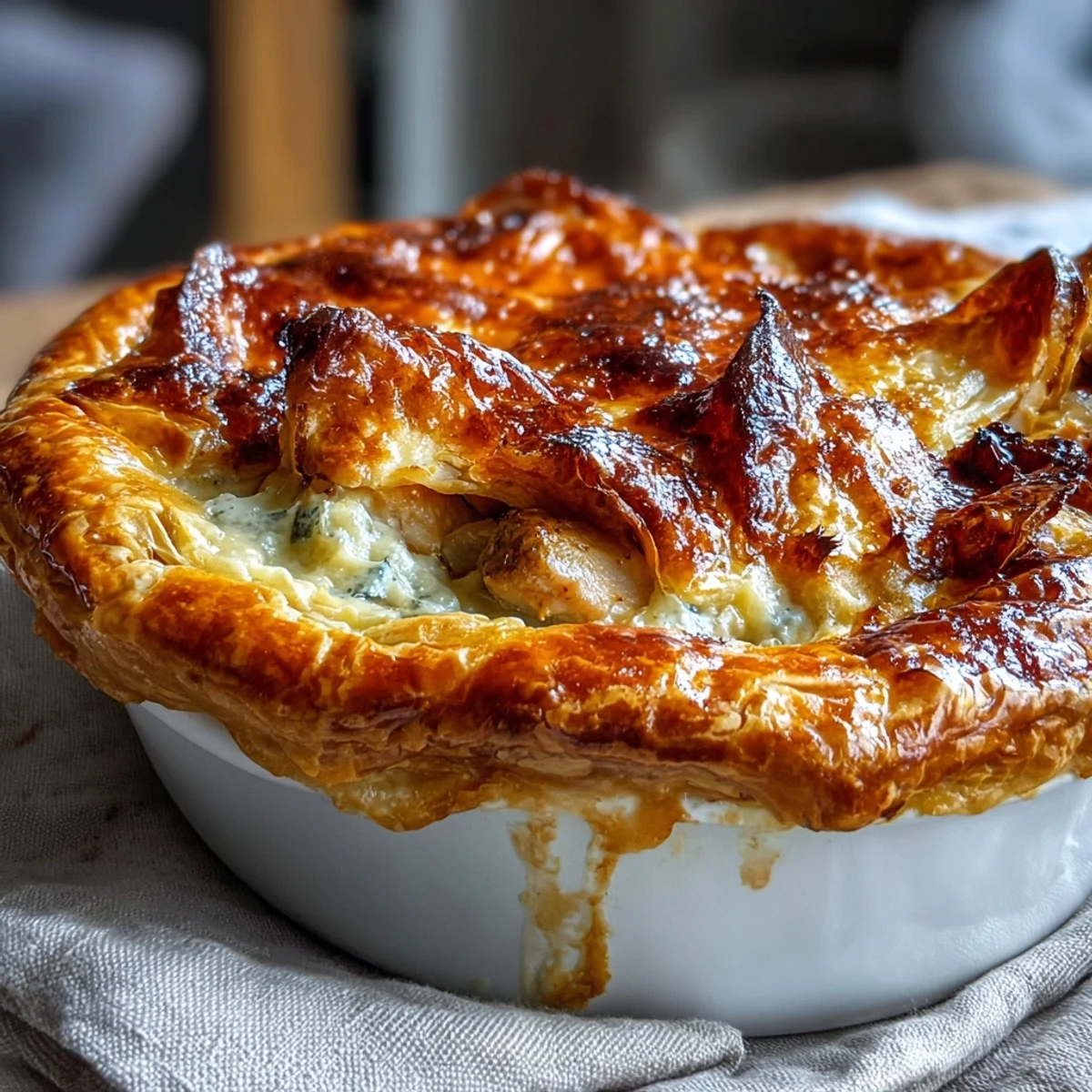 Slices of rustic Chicken and Leek Pie served on a ceramic plate, showcasing the rich, creamy chicken and leek filling alongside a green salad for a balanced lunch or dinner.