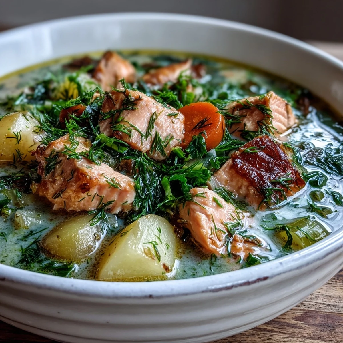 Creamy Finnish Salmon Soup with tender salmon, soft potatoes, and fresh dill, served steaming hot in a rustic bowl.