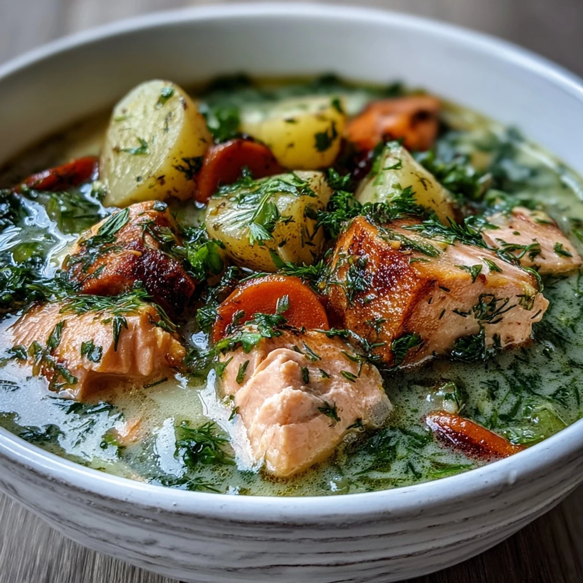 A hearty bowl of Finnish Salmon Soup garnished with dill, paired with crunchy rye bread for a Nordic dinner.