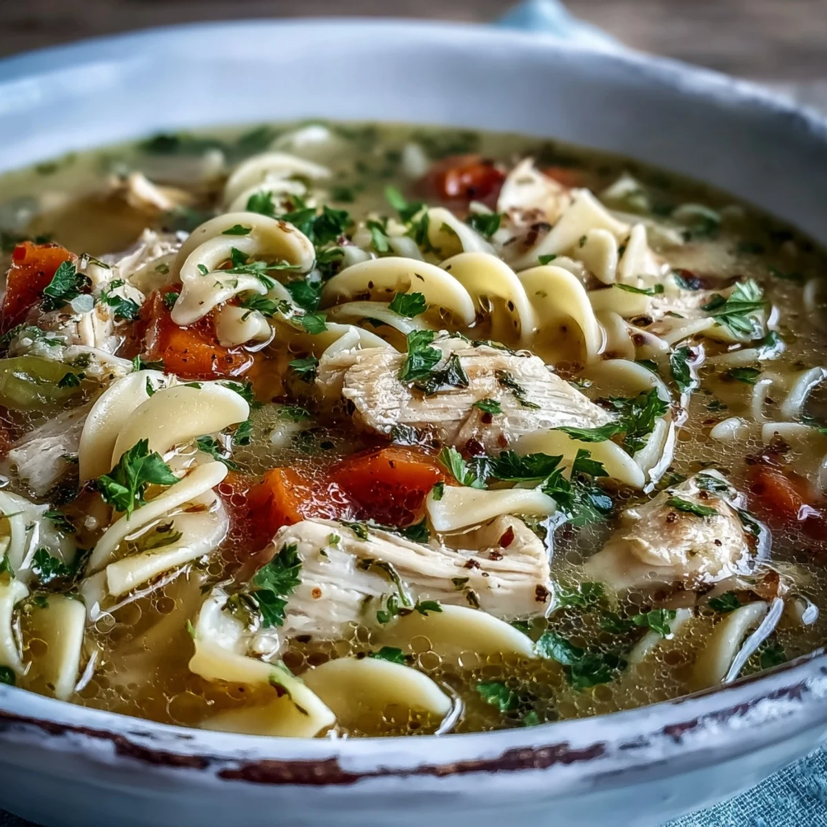 Steaming bowl of homemade Chicken Noodle Soup, filled with tender chicken, carrots, and curly egg noodles in a rich broth.
