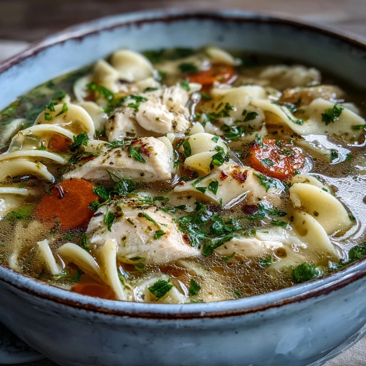 Comforting bowl of Chicken Noodle Soup ladled from a large pot, garnished with fresh parsley and a side of crusty bread.