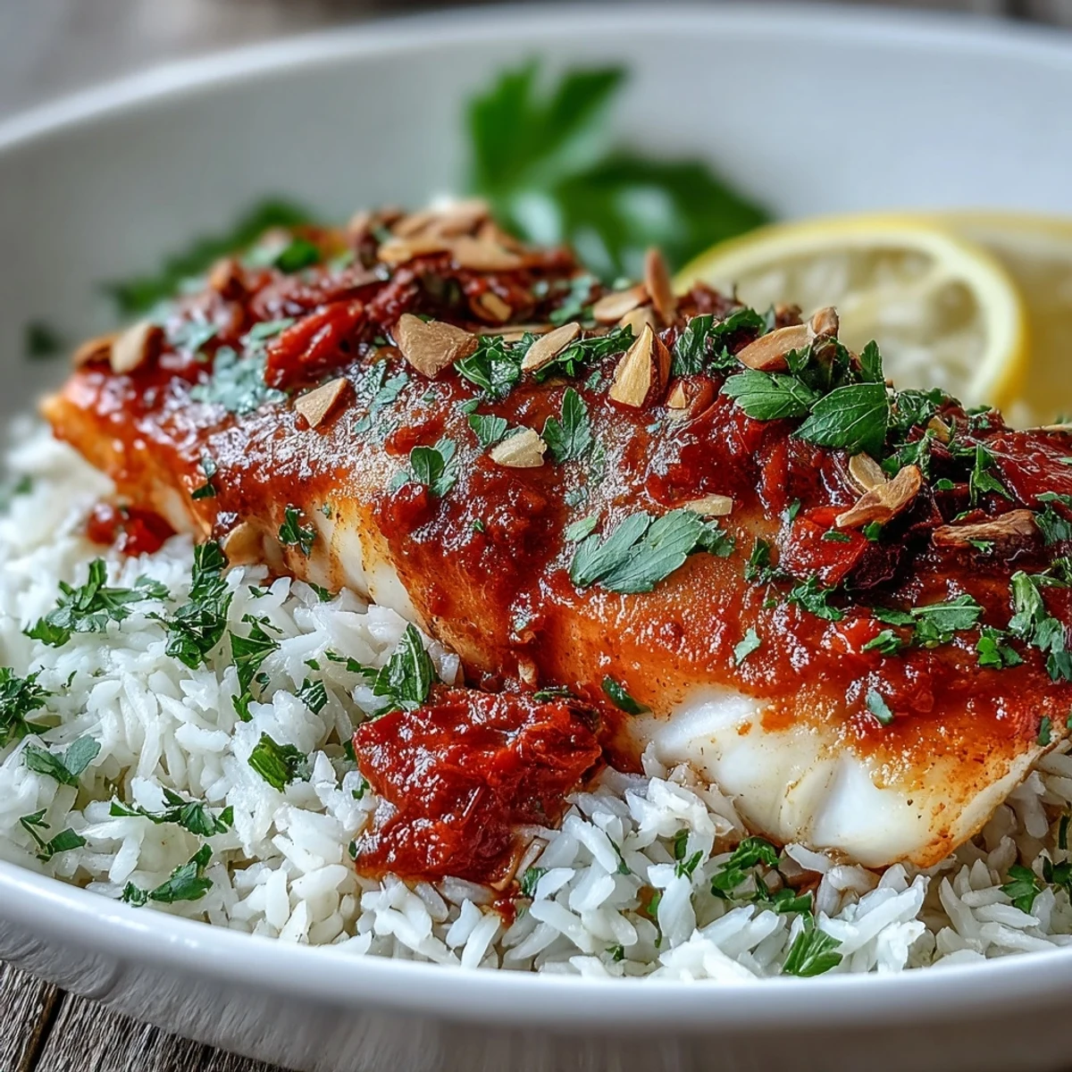 Flaky tomato-roasted cod with spiced almonds sits atop aromatic ginger rice, garnished with parsley and lemon wedges.