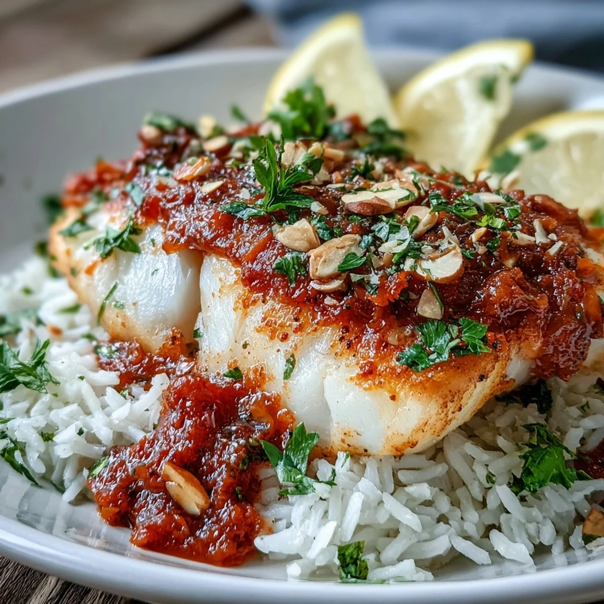 Savory tomato-roasted cod served over fluffy ginger rice, topped with golden, cumin-toasted almonds and fresh parsley.