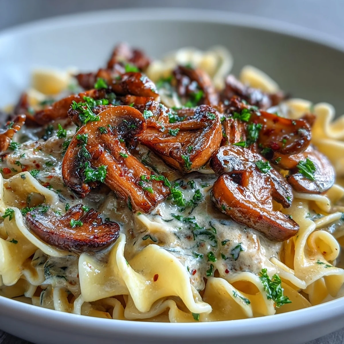 Creamy Mushroom Stroganoff served over wide fettuccine noodles, garnished with fresh parsley for a hearty vegetarian dinner.