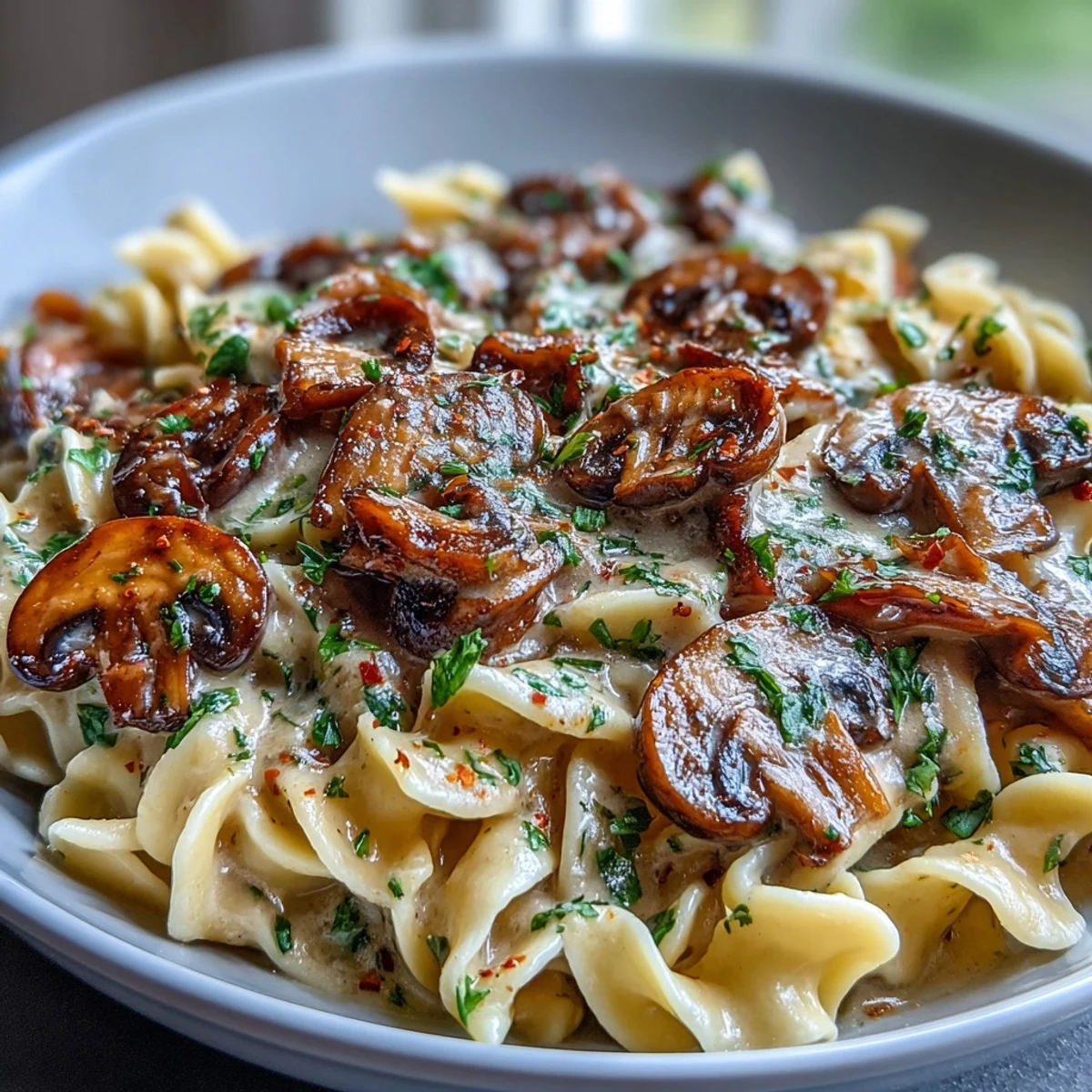 Ready-to-eat Creamy Mushroom Stroganoff, plated with black pepper and parsley, perfect for a comforting weeknight meal.