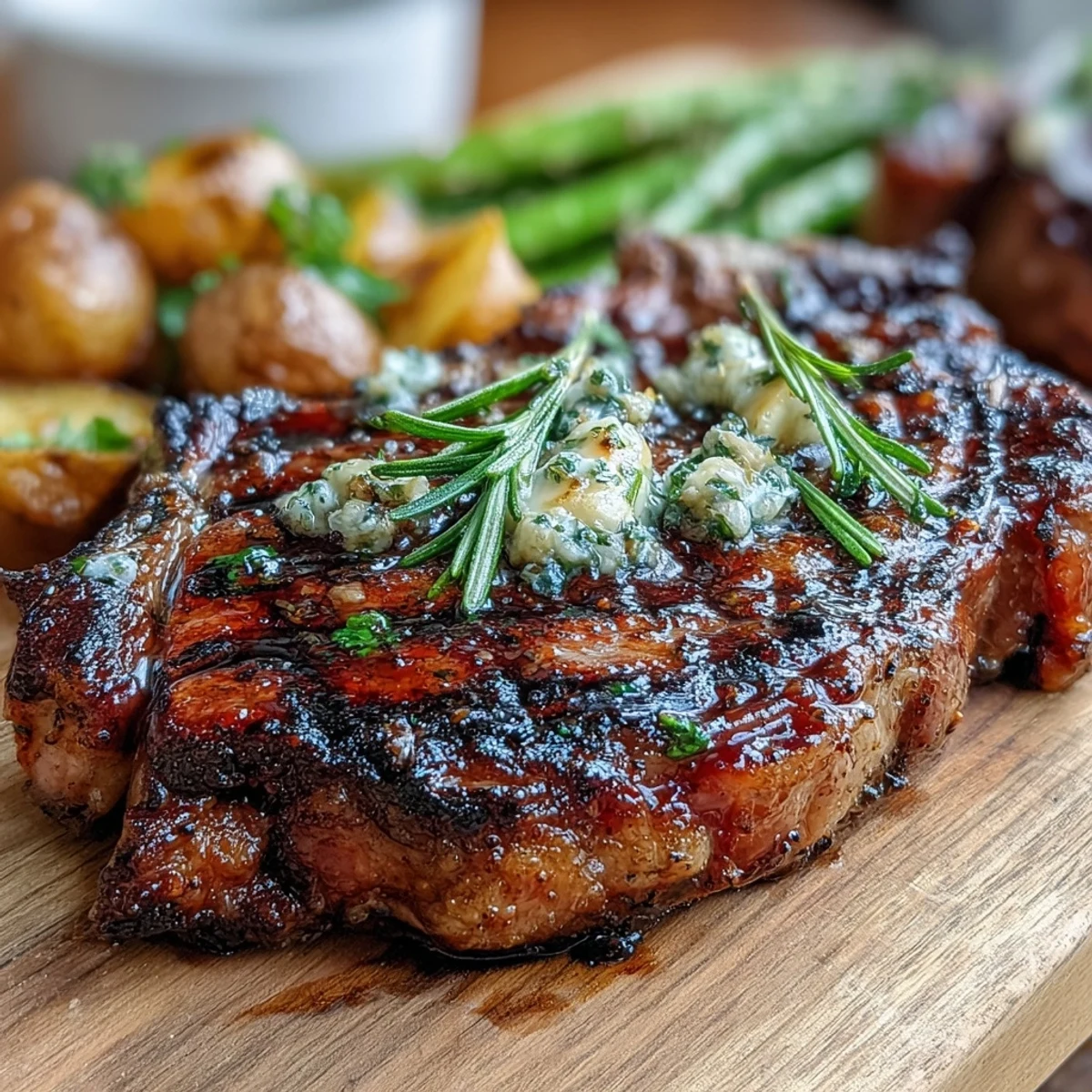 Sizzling bone-in rib eye steak with garlic and rosemary, ready to slice and serve.