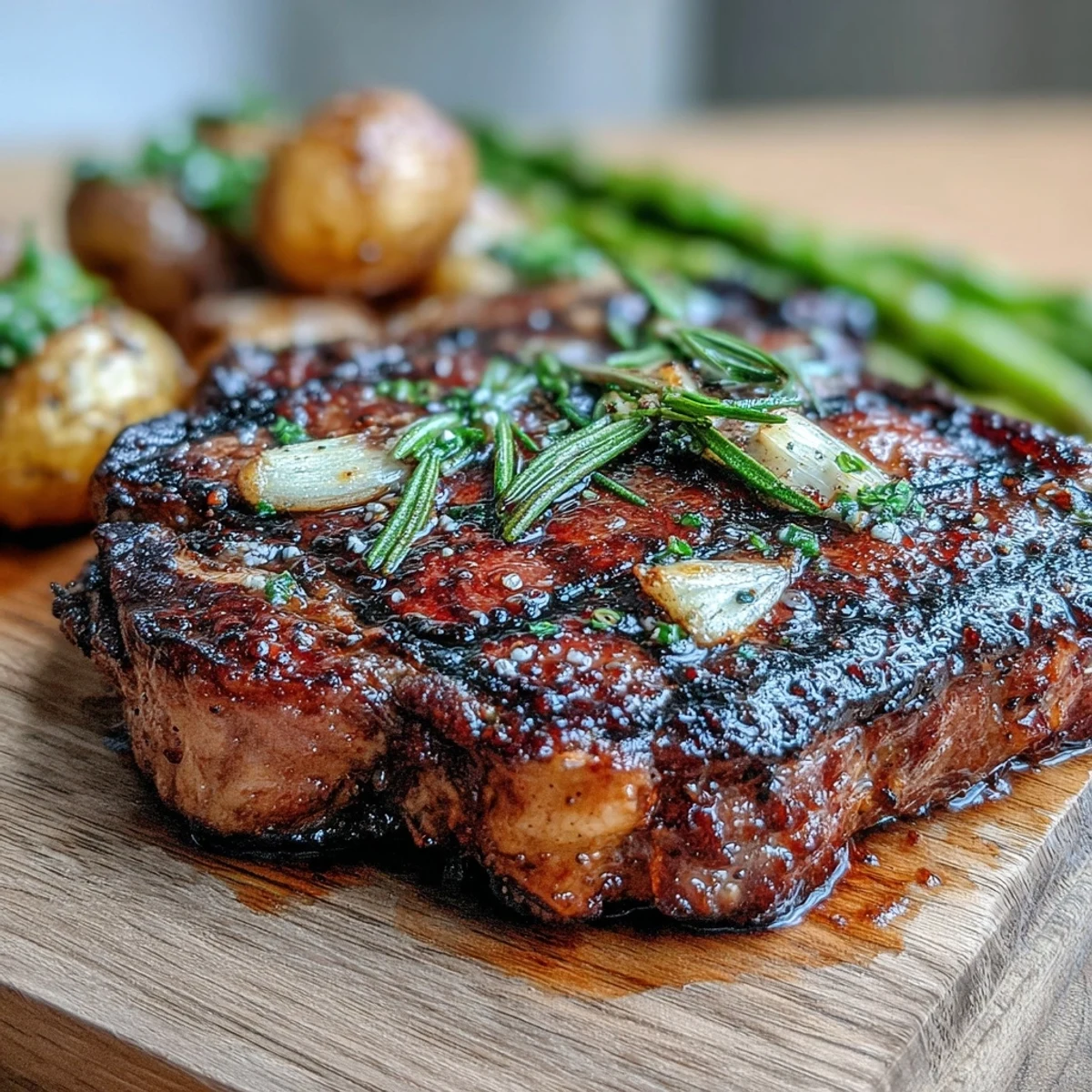 Golden grilled bone-in rib eye steak served with lemon wedges, potatoes, and asparagus on platter.