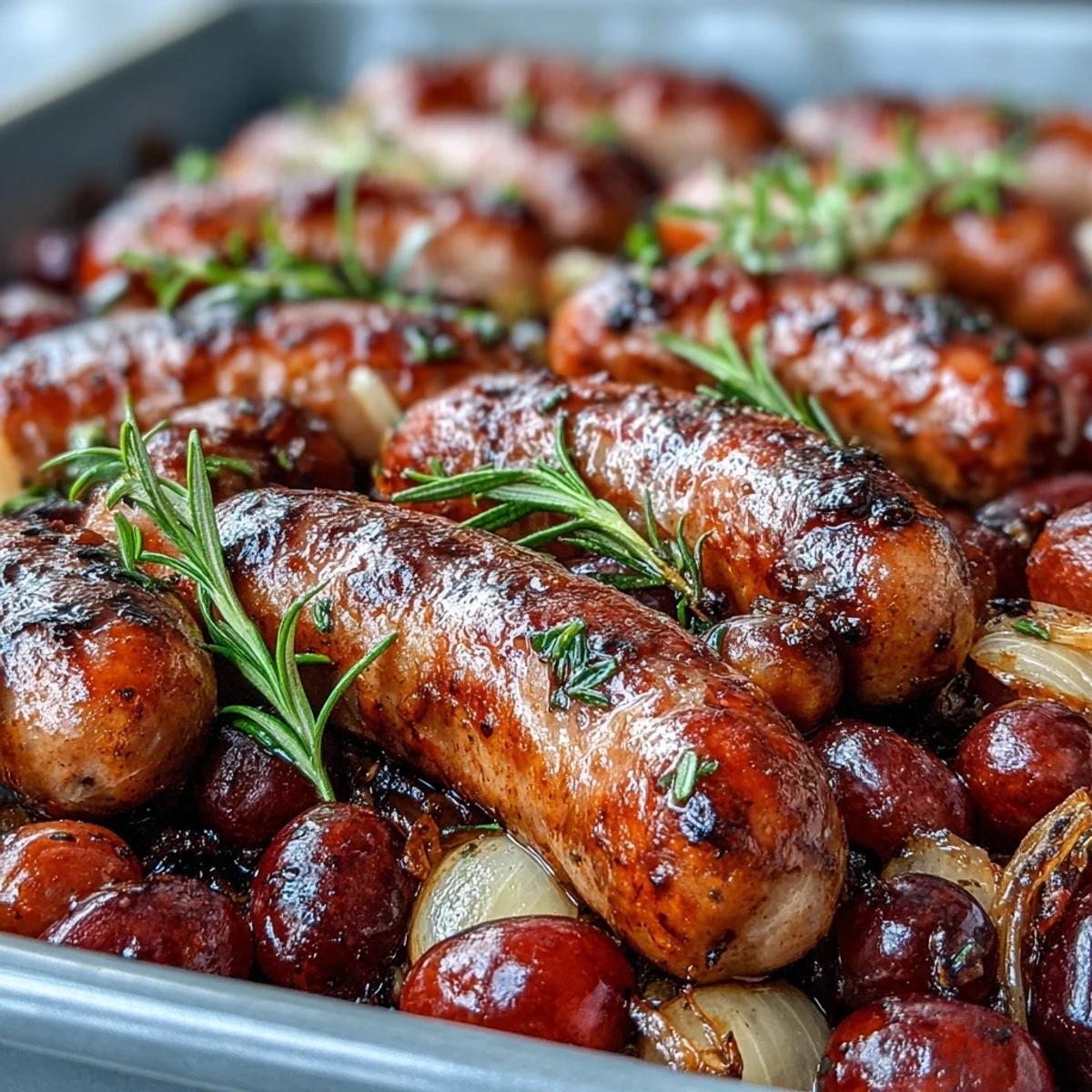 Golden-brown Italian sausages roast with caramelized red grapes and onions, finished with fragrant rosemary for an easy gluten-free dinner.