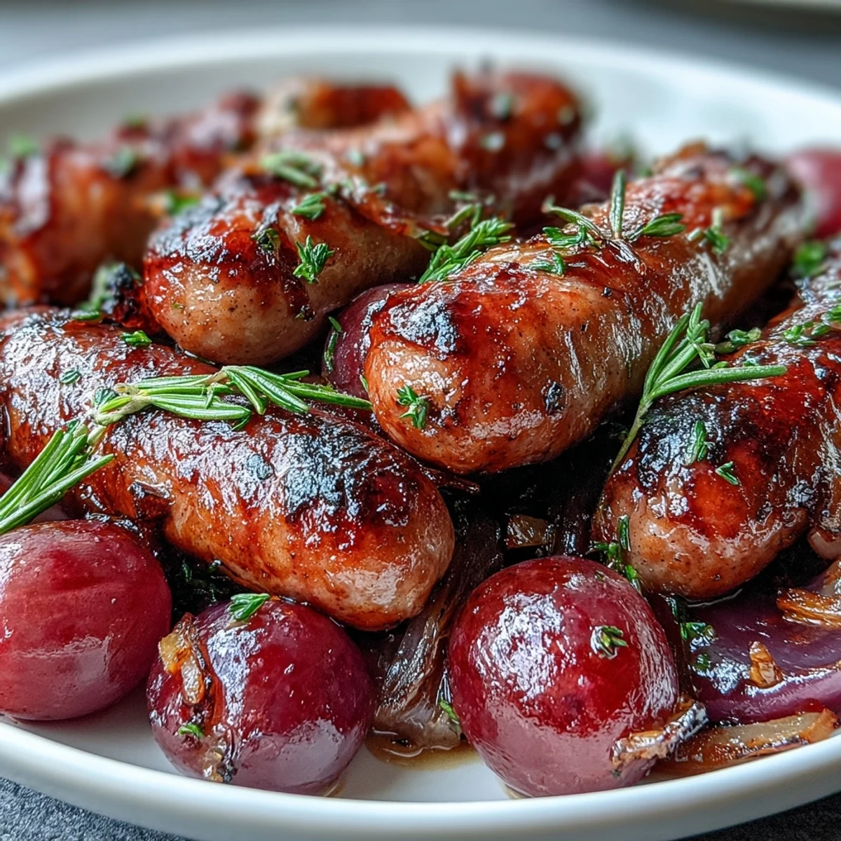 A sizzling sheet pan of roasted sausage and grapes topped with fresh rosemary, served over creamy polenta for a cozy meal.