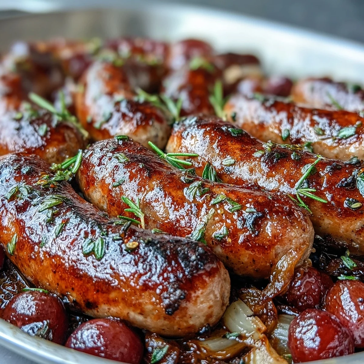Tender roasted sausage and grapes paired with red onion wedges, perfect for scooping onto crusty bread to soak up the juices.
