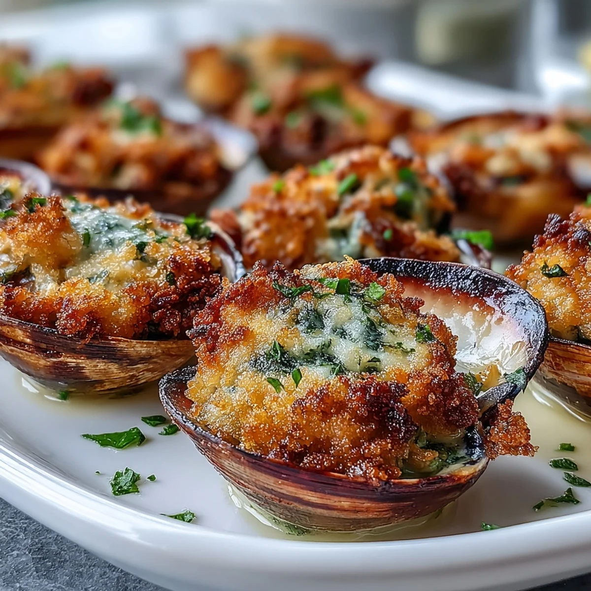 Golden, roasted clams with lemony panko on a baking sheet, garnished with fresh parsley and lemon wedges.