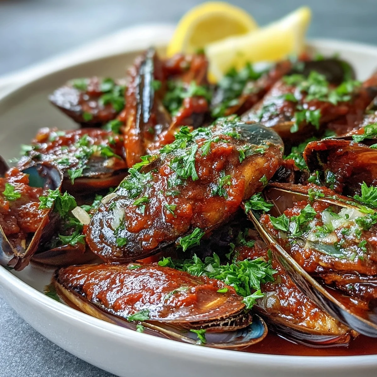 Smoky Mussels Pomodoro simmered in a rich, smoky tomato sauce, served hot with fresh parsley and lemon wedges.