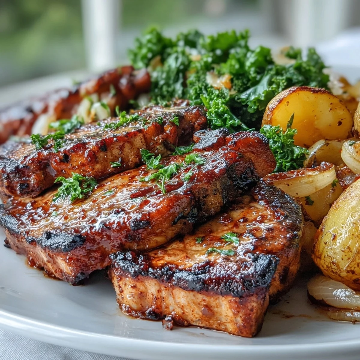 Tender marinated Aleppo Pork Chops beside charred potatoes and wilted kale on a rustic wooden board.