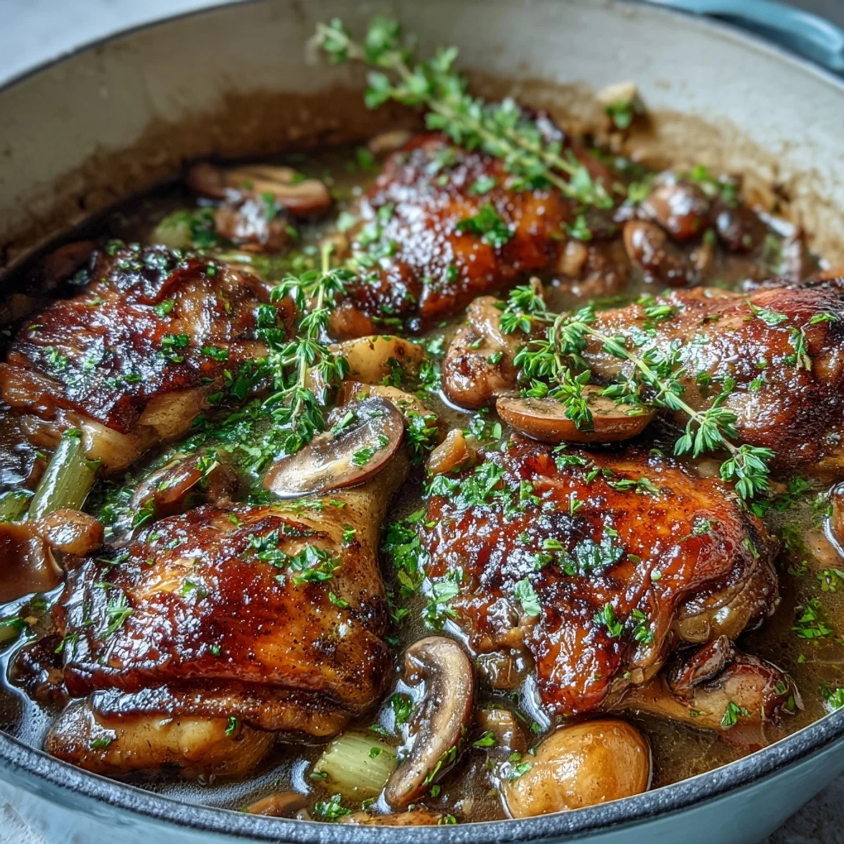 Tender chicken braised in rosé wine with cream and mushrooms, ready to serve.